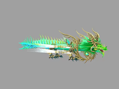 Intricate Dragon Shaped Sword Featuring Green Scales And Gold Decorative Design 3d model