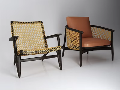 Stylish Leisure Chairs With Woven Backrest Dark Frame And Brown Leather Seat 3d model