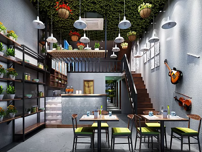 Cozy Restaurant Interior With Green Plant Wall Hanging Flower Pots Tables Staircase And Guitar Decor 3d model