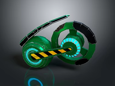 Futuristic Green Motorcycle with Large Wheels Blue Glowing Rings and Yellow Black Stripes 3d model