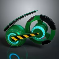 Futuristic Green Motorcycle with Large Wheels Blue Glowing Rings and Yellow Black Stripes