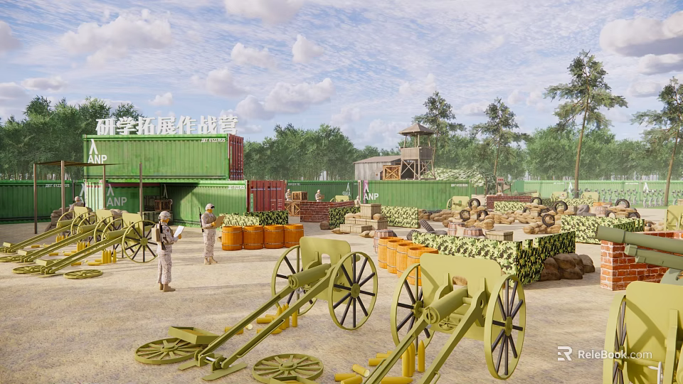 Outdoor Study Expansion Experience Camp With Military Containers Observation Tower And Artillery Models 3d model 