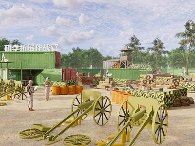 Outdoor Study Expansion Experience Camp With Military Containers Observation Tower And Artillery Models 3d model