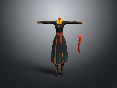 Traditional Black Dress With Orange Gold Decorations And Red Belt Accessory 3d model
