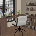 Organized Home Office Desk with Laptop Books Plant Chair Bookshelf and Wall Frames
