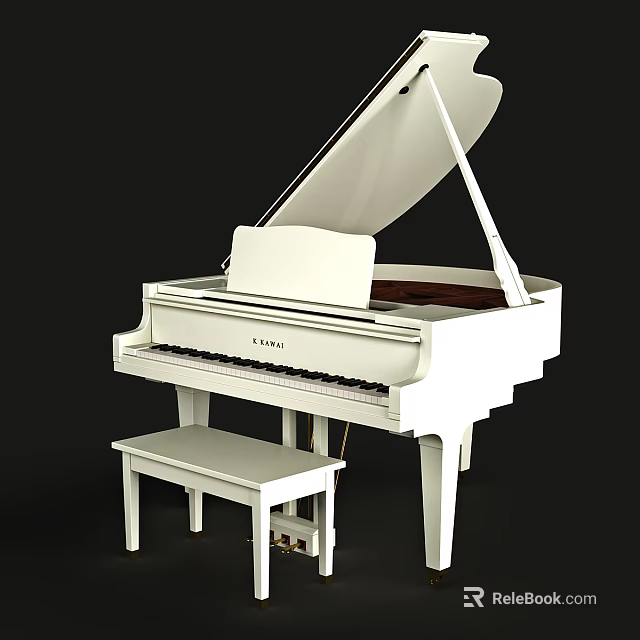 White Grand Piano With Matching Stool And Polished Wooden Interior 3d model 