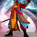 Game Movie Character In Ornate Red Yellow Blue Costume With Dragon Patterns And Staff