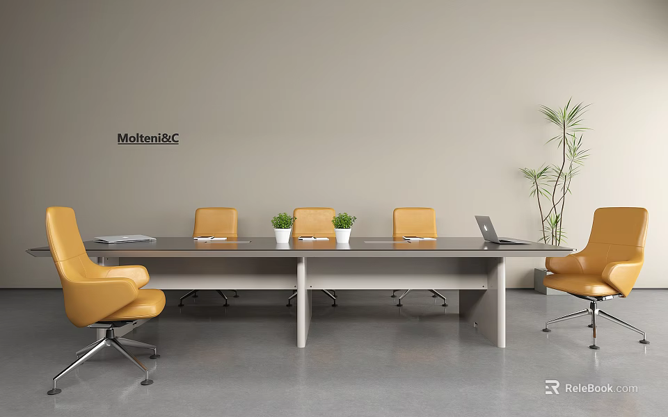 Modern Conference Table Interior With Yellow Chairs Potted Plants And Laptop 3d model 