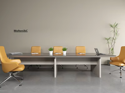 Modern Conference Table Interior With Yellow Chairs Potted Plants And Laptop 3d model