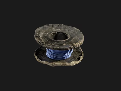 Old Wooden Spool With Worn Surface And Blue Thread Wound Inside 3d model