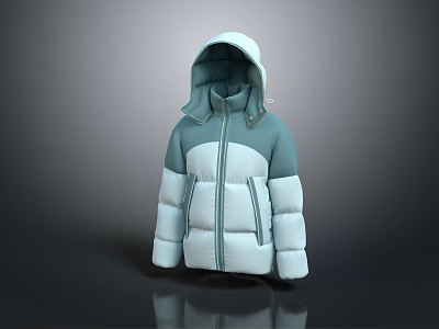 Hooded Blue and White Padded Down Jacket for Winter Warmth and Fashionable Look 3d model