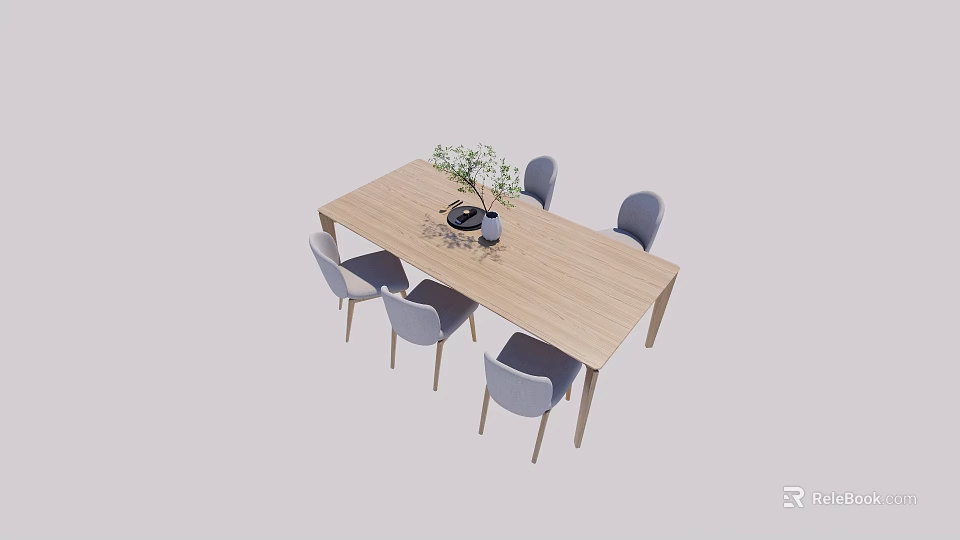 Modern Wooden Dining Table Set With Six Gray Chairs And Vase With Green Plants 3d model 