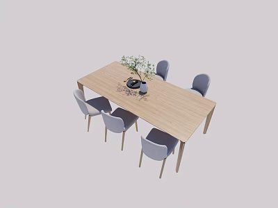 Modern Wooden Dining Table Set With Six Gray Chairs And Vase With Green Plants 3d model