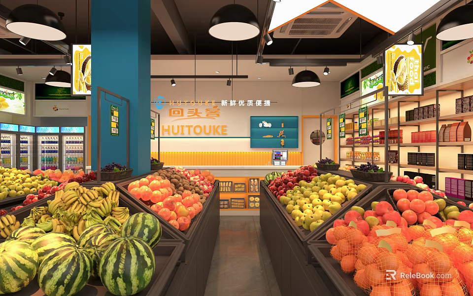 Interior Of Hutouke Fruit Store With Various Fruits On Shelves 3d model 