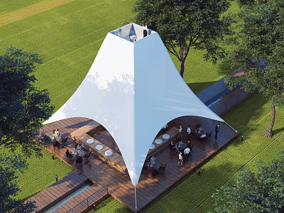 Tensile Membrane Structure In Outdoor Grassland With Wooden Deck Tables Chairs And People Gathering 3d model