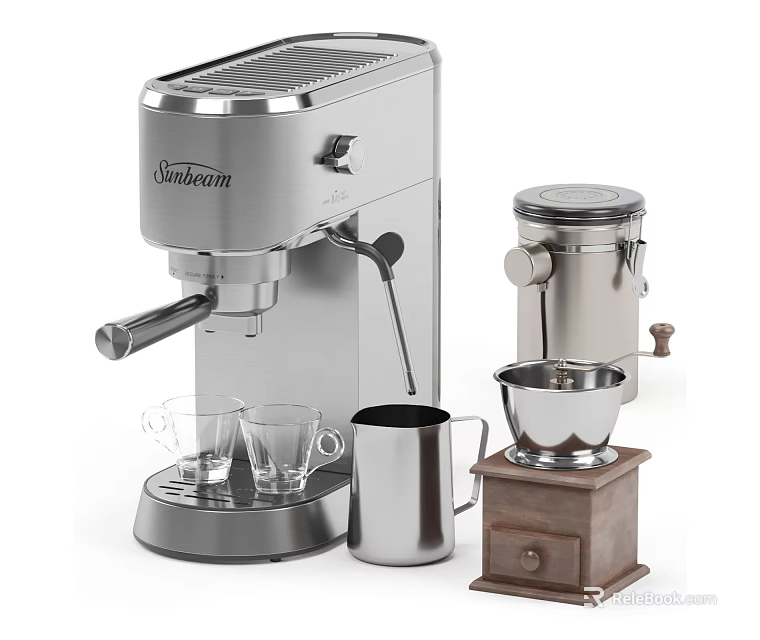 Modern Stylish Kitchen Appliances With Stainless Steel Coffee Machine Grinder Milk Frother And Glass Cups 3d model 