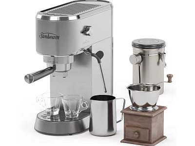 Modern Stylish Kitchen Appliances With Stainless Steel Coffee Machine Grinder Milk Frother And Glass Cups 3d model