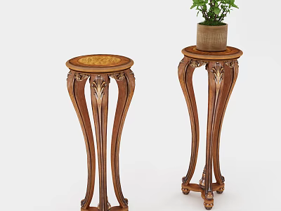 Two Wooden Plant Stands with Carved Legs and Potted Green Plant 3d model