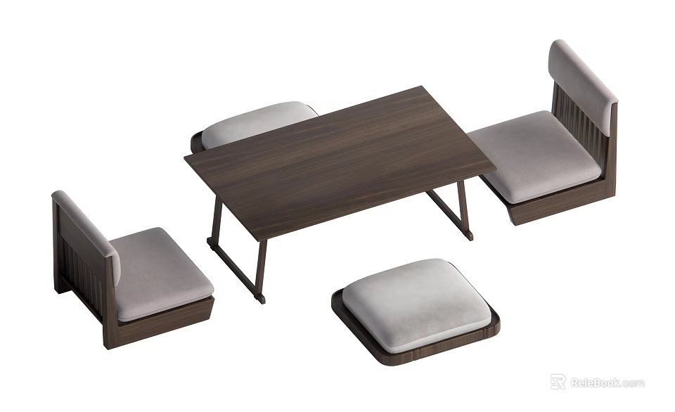 Modern Dark Wooden Tea Table And Chairs With Light Gray Cushions 3d model 