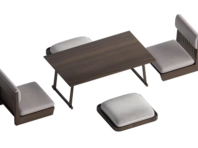 Modern Dark Wooden Tea Table And Chairs With Light Gray Cushions 3d model