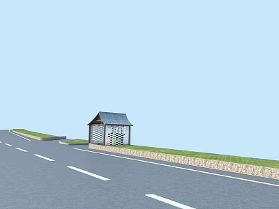 Roadside Pavilion With Stone Wall Green Grass Along Road Under Open Blue Sky 3d model