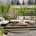 Stylish Outdoor Sofa on Patio with Green Plants Coffee Table and Decorations