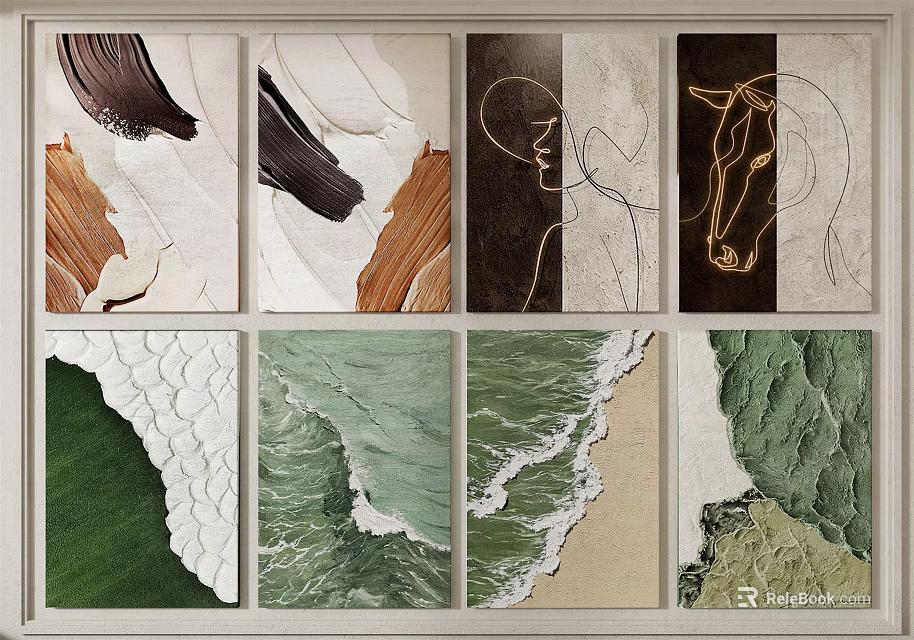 Abstract And Natural Artwork With Textured Lines Waves And Animal Silhouettes 3d model 