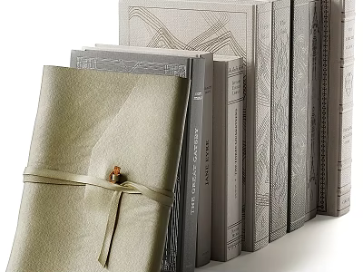 Elegant Hardcover Books And Magazines Collection With Golden Gray Textured Covers And Ribbon Ties 3d model