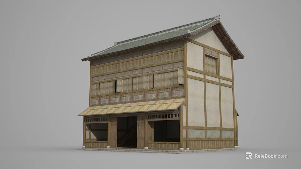 Ancient Traditional Two Story Wooden Building With Tile Roof And Overhanging Eaves 3d model 
