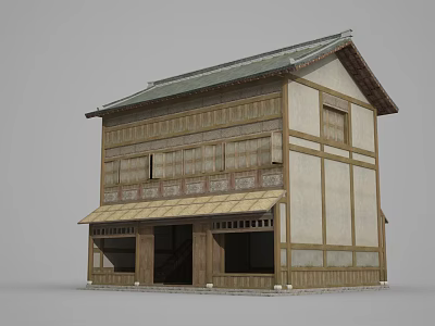 Ancient Traditional Two Story Wooden Building With Tile Roof And Overhanging Eaves 3d model