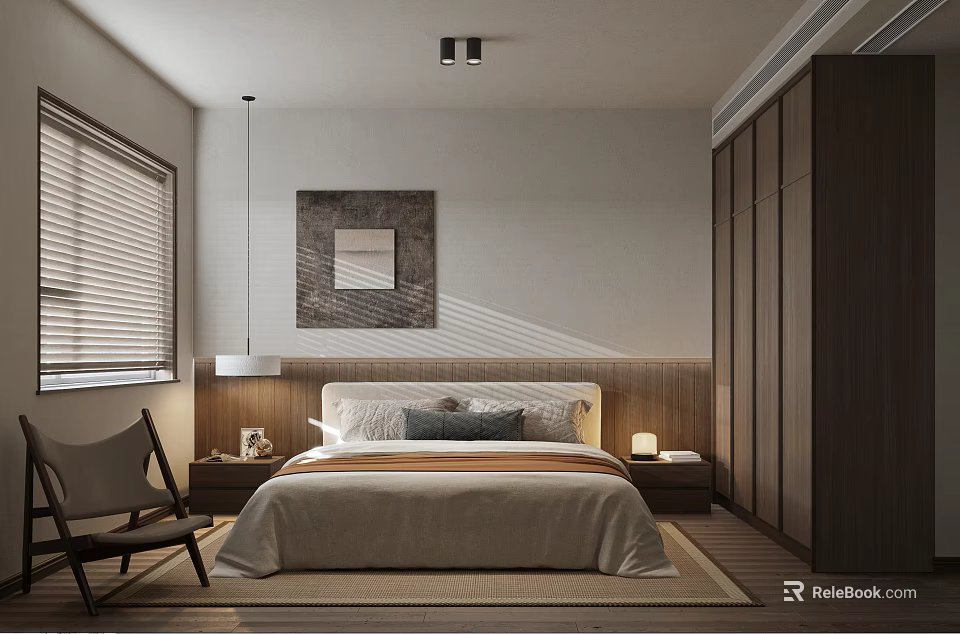 Minimalist Modern Bedroom Interior With Window Blinds Decorative Painting Wardrobe And Bedside Lamp 3d model 