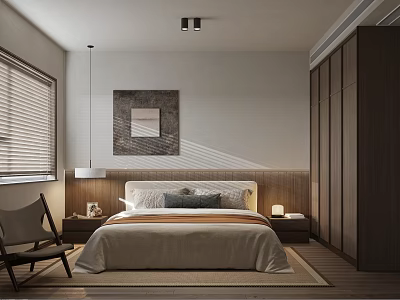Minimalist Modern Bedroom Interior With Window Blinds Decorative Painting Wardrobe And Bedside Lamp 3d model
