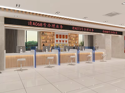 Service Hall Featuring Multiple Small Business Service Windows White Chairs Bookshelves And Bright Interior 3d model