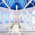 Religious Church Interior With Blue Starry Dome Arched Windows White Benches And Flower Aisle