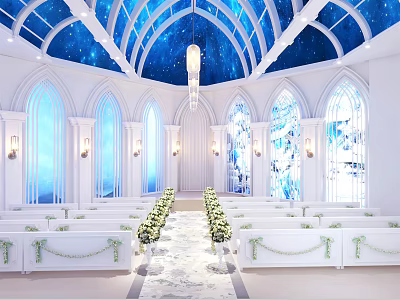 Religious Church Interior With Blue Starry Dome Arched Windows White Benches And Flower Aisle 3d model