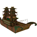 Traditional Chinese Wooden Boat With Multi Tiered Towers And Ornate Green Accents