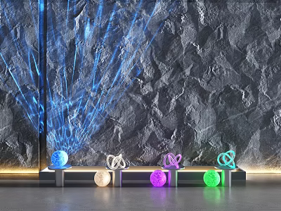 Gray Textured Background Wall With Blue Laser Beams And Colorful Glowing Spheres On Metal Base 3d model
