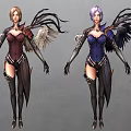 Fantasy Game Character With Purple Hair Purple Corset And Black Feather Wings