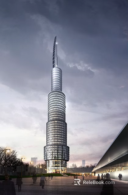 Modern Tall Tower With Spiral Glass Facade Against Cloudy Sky Background 3d model 