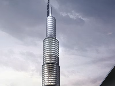Modern Tall Tower With Spiral Glass Facade Against Cloudy Sky Background 3d model