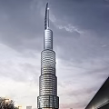 Modern Tall Tower With Spiral Glass Facade Against Cloudy Sky Background