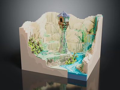 Intricate Terrain Model Featuring Central Tower Waterfalls Flowing River And Green Vegetation 3d model
