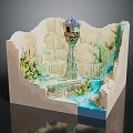Intricate Terrain Model Featuring Central Tower Waterfalls Flowing River And Green Vegetation