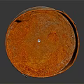 Rusty Blue Bucket With Orange Rim And White Peeling Paint On Dark Surface