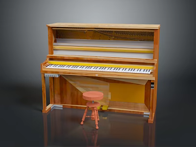 Wooden Upright Piano With Black And White Keyboard And Pink Stool 3d model