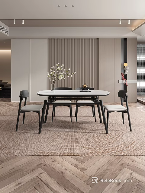 Modern Dining Table Set With White Tabletop Black Chairs And White Flower Vase In Interior 3d model 