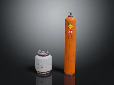Rusted Orange Gas Cylinder And White Metal Rim Container On Black Background 3d model