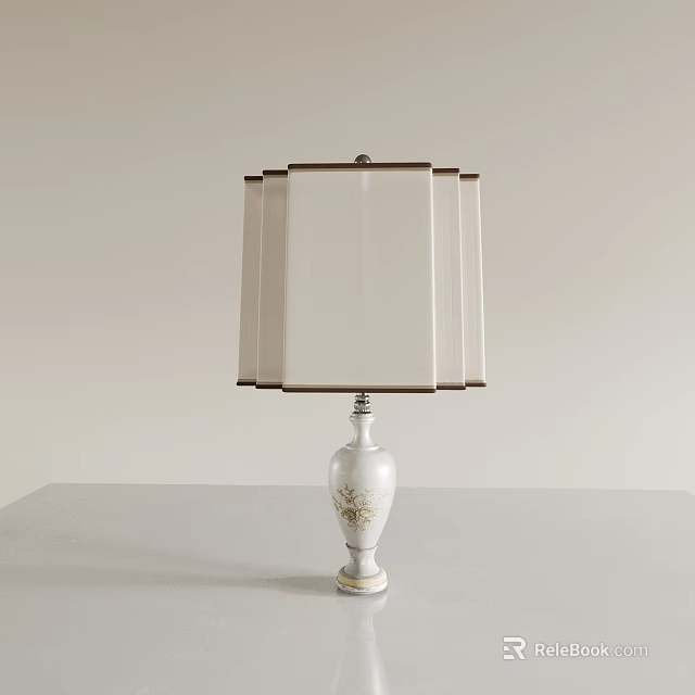 Elegant Table Lamp Featuring White Ceramic Base Square Linen Shade And Floral Accents 3d model 