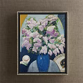 Botanical Painting Of Pink Purple Flowers In White Vase With Green Leaves And Blue Background