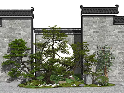 Japanese Dry Landscape Garden with Gray Walls Tiled Roofs Pine Trees and Circular Moon Gate 3d model